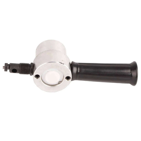 Double Headed Sheet Metal Nibbler With Drill Attachment for precise metal cutting, black handle, silver cutter head, side view.