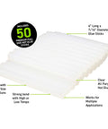 Stack of 50 clear full-size hot glue sticks with labels, 4-inch long for DIY projects, arts and crafts, and home repairs.