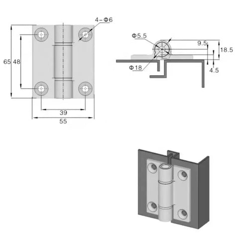 Technical drawing of Zinc Alloy Position Control Hinge 65x55mm Size With Adjustable Torque 0-2.5 Nm, Black Finish, 1 Pc