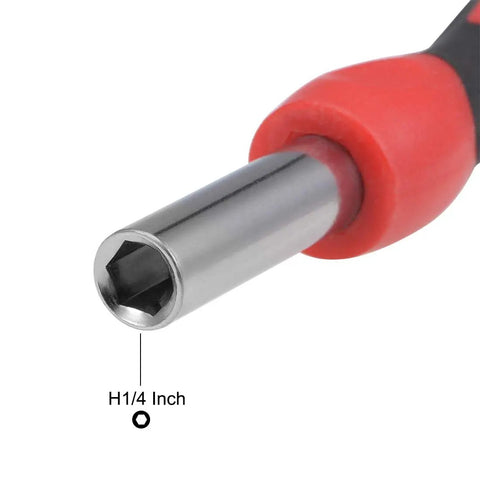 Close-up of Straight Up Durable Quarter Inch Hex Shank Screwdriver Handle showing 1/4 inch hex opening and colorful grip.