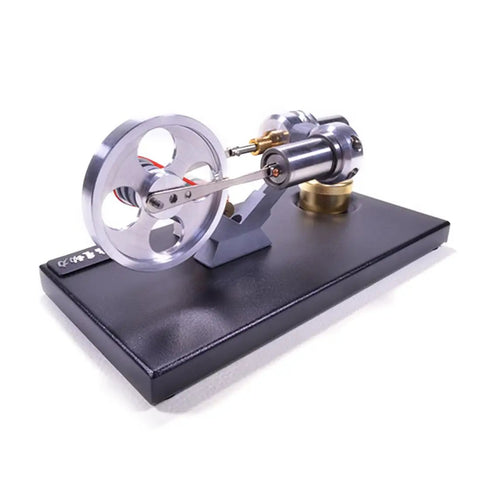 All Metal Cylinder Stirling Engine Generator DIY Kit With Four LED Lights And Metal Base Real Dope Hands On Science Project For Adults And Teens Great Desk Decor And STEM Teaching Tool For Home Or Classroom. Metal Stirling engine on black base, side view.