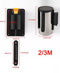 Heavy Duty Wall Mounted Retractable Belt Barrier With Magnetic Snap and Nine Foot Red Stanchion Rope for No Sweat Crowd Control, showing size dimensions.