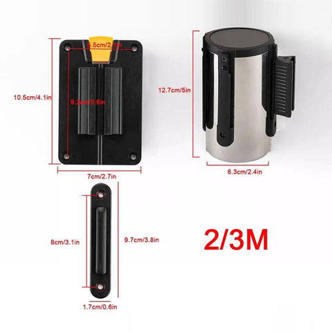 Heavy Duty Wall Mounted Retractable Belt Barrier With Magnetic Snap and Nine Foot Red Stanchion Rope for No Sweat Crowd Control, showing size dimensions.