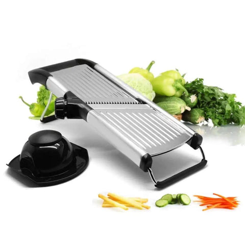 Adjustable Mandoline Slicer For Veggies And Fruits With Stainless Steel V Shaped Blade Guard And Cut Resistant Gloves For Safe Effortless Slicing At Home, with vegetables and sliced pieces