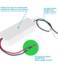 24V Dimmable LED Driver For LED Strip Lighting, 75W Power Supply With Triac Dimming, IP67 Waterproof; cables and dimensions shown