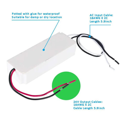 24V Dimmable LED Driver For LED Strip Lighting, 75W Power Supply With Triac Dimming, IP67 Waterproof; cables and dimensions shown
