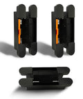 Three Pack Heavy Duty Solid Brass Invisible Hydraulic Door Hinges That Soft Close Like Butter And Require Zero Sweat Mortise Setup For Stealthy Matte Black 180 Degree Swings, displayed from multiple angles.