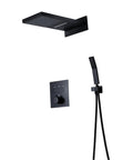 Slick Black Wall Mounted Thermostatic Shower System Featuring Heavy Duty Rainfall Head And Adjustable Handheld Sprayer No Fuss Push Button Switch.