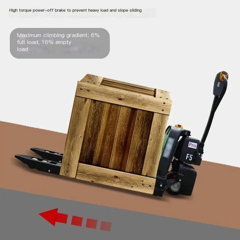 Heavy Duty Electric Pallet Jack Truck With 3300 Lbs Lift Capacity And Long Lasting Lithium Battery, showing wooden crate in motion on incline.