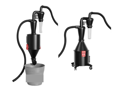 Heavy Duty Cyclone Separator Vacuum Cleaner Boosting Badass Turbo Suction And Preserves Dual Filter Longevity While Pivoting Clean From Wall Mount To Wheeled Setup For Shop Dust Pickup in black with hose and cup.