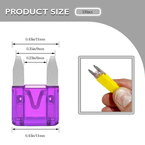 Heavy Duty Standard Automotive Blade Fuses 120 Piece Assortment Corrosion Resistant Zinc Alloy Housing Fast Acting Electrical Protection, close-up of purple fuse size dimensions.
