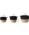 Super Chic Woven Storage Baskets Set Of Three Soft Cotton Rope And Straw Organizer Containers With Durable Handles And Tassel Details, sizes 24cm, 26cm, 30cm.