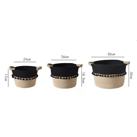 Super Chic Woven Storage Baskets Set Of Three Soft Cotton Rope And Straw Organizer Containers With Durable Handles And Tassel Details, sizes 24cm, 26cm, 30cm.