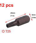 One T25 security bit from Workhorse Heavy Duty T25 Torx Security Bits 12 Piece Pack, 1 inch long, S2 steel.