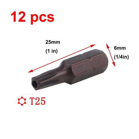 One T25 security bit from Workhorse Heavy Duty T25 Torx Security Bits 12 Piece Pack, 1 inch long, S2 steel.