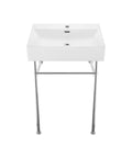 Front view of Claire 24 Inch Ceramic Console Sink With Glossy White Basin, Scratch Resistant Non Porous Ceramic, Single Faucet Hole, Overflow, Durable Modern Bathroom Vanity Fixture For Easy Cleaning And Long Lasting Use on metal legs