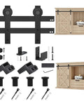 Small 5Ft Sliding Barn Door Hardware Kit For Single Door Cabinets And TV Stands Includes 5 Spliced Tracks And 2 Floor Guides Works With Grooved Or Non Grooved Doors J Shape Hangers, shown with components and cabinet.