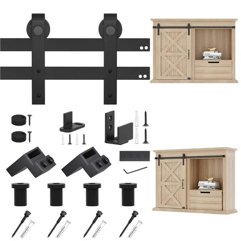 Small 5Ft Sliding Barn Door Hardware Kit For Single Door Cabinets And TV Stands Includes 5 Spliced Tracks And 2 Floor Guides Works With Grooved Or Non Grooved Doors J Shape Hangers, shown with components and cabinet.