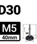 Heavy Duty Adjustable Lathe Leg Feet Set With 30mm Diameter, M5 threading, swivel base, 4 pack with dimensions visible