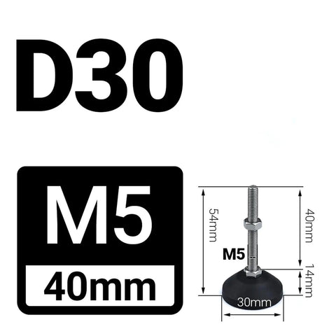 Heavy Duty Adjustable Lathe Leg Feet Set With 30mm Diameter, M5 threading, swivel base, 4 pack with dimensions visible
