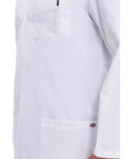 Side view of Unisex 40 Inch Scrub Lab Coat With Notched Lapel And Four Button Front For Medical Pros XL, pocket detail.