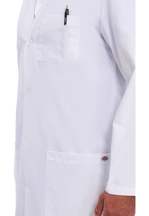 Side view of Unisex 40 Inch Scrub Lab Coat With Notched Lapel And Four Button Front For Medical Pros XL, pocket detail.