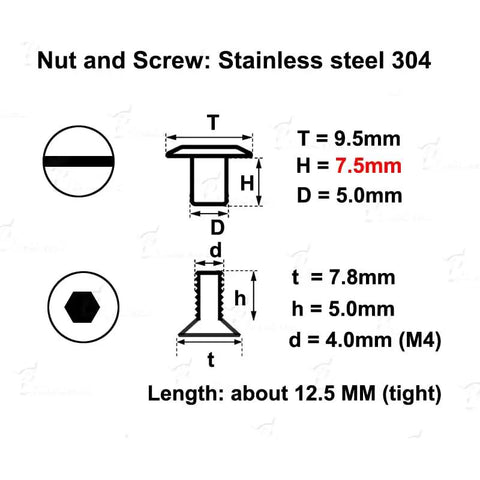 Nut and screw dimensions for Top Shelf Chicago Screws And Stainless Steel 304 Holster Fasteners With Mixed Color Aluminum Spacers.