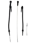 Flexible Black Aluminum And Stainless Oil Dipstick For LS Engines 4.8L 5.7L 6.0L With Teflon-Lined Braided Housing And Full And Low Markings Replacement For LSX LS1 LS2 LS6 Engines showing components.