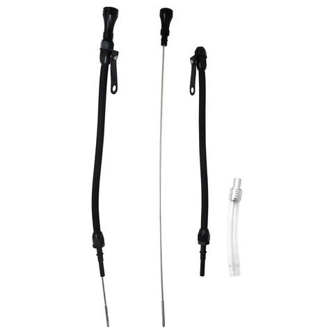 Flexible Black Aluminum And Stainless Oil Dipstick For LS Engines 4.8L 5.7L 6.0L With Teflon-Lined Braided Housing And Full And Low Markings Replacement For LSX LS1 LS2 LS6 Engines showing components.