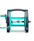 Pretty Slick Portable Garden Hose Reel With High Pressure Water Gun, rear view of compact, sturdy hose reel with tubing.