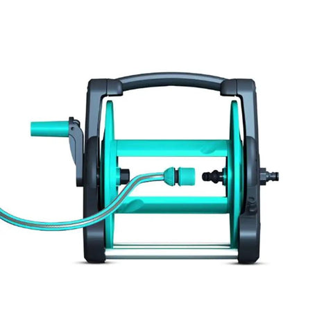 Pretty Slick Portable Garden Hose Reel With High Pressure Water Gun, rear view of compact, sturdy hose reel with tubing.