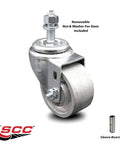 3-inch semi-steel swivel caster with 1/2-inch threaded stem; includes nut and washer; silver metal with sleeve bearing