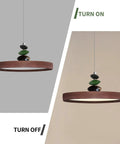 Mid Century Modern Pendant Light 15.8 Inch Wood Grain Finish Dimmable Led Island Lamp with remote, shown on and off.