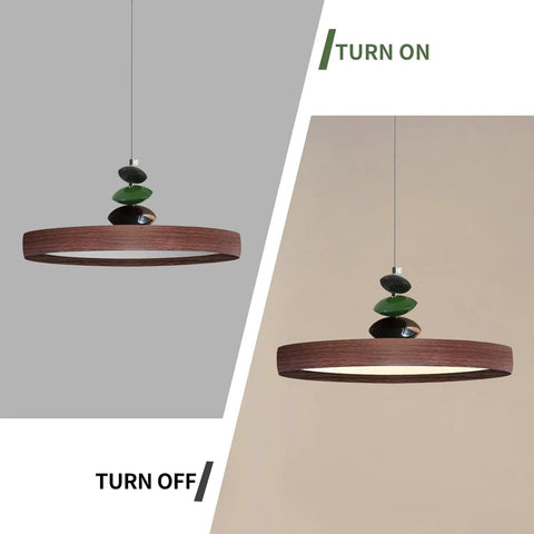 Mid Century Modern Pendant Light 15.8 Inch Wood Grain Finish Dimmable Led Island Lamp with remote, shown on and off.