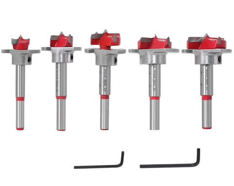 Kickin Out Flawless Holes With Zero Sweat From This Top Shelf Five Piece Forstner Drill Bit Set Featuring Adjustable Pilot Guide. T-Handle.