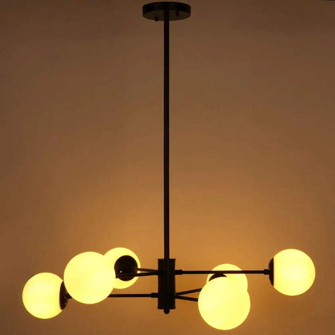 Six Light Sputnik Chandelier In Matte Black With Globe Glass Shades, Dope Mid Century Modern Dining Room And Kitchen Island Lighting