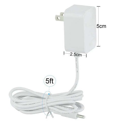 Replacement Power Cord For Rest Sound Machine Night Light 5V 1A Barrel Plug 5ft White AC Adapter Cable UL Listed 100 240V Input Durable Wall Charger For Sleep Gear, showing 5ft cable and dimensions