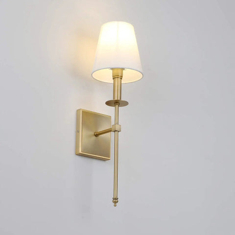 Rustic Industrial Wall Sconce With Flared White Textile Shade And Antique Brass Tapered Column Stand Hardwired E26 Base