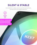 F120 RGB Core 120mm Hub Mounted RGB Fan With 8 Dope Addressable LEDs, black fan corner with noise level comparison.