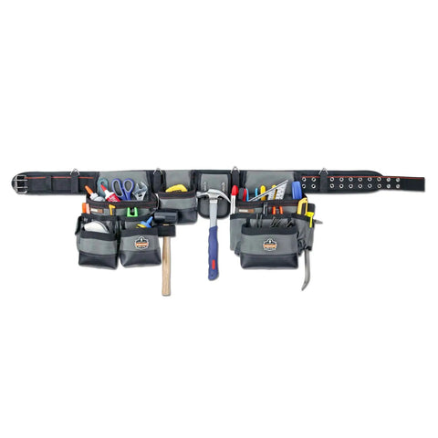 Arsenal 5504 Tool Belt Rig With 34 Pockets And Pouches, 3 Inch Wide Padded Belt, full view with tools in pockets, gray color.