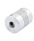 Close-up of 6mm to 6mm shaft coupler, aluminum alloy, 25x19mm, for stepper motors and CNC, showing one-piece design with set screws.