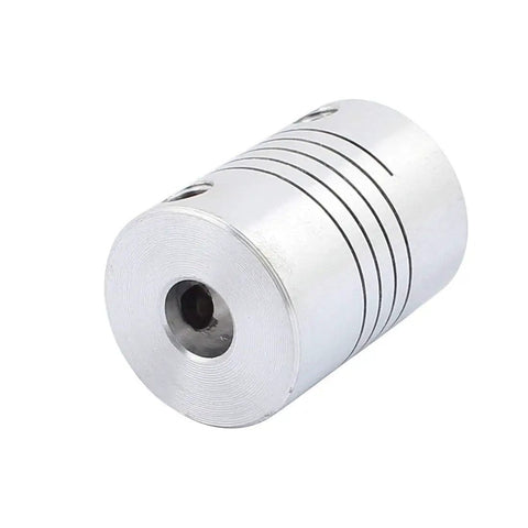 Close-up of 6mm to 6mm shaft coupler, aluminum alloy, 25x19mm, for stepper motors and CNC, showing one-piece design with set screws.