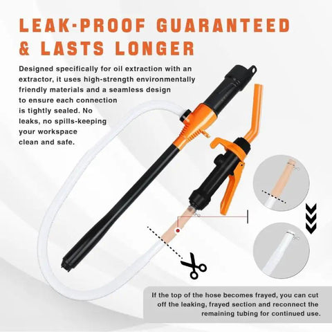 Hella Powerful Battery Fuel Siphon Pump With Slick High Suction Motor For Darn Smooth Gas Oil Water Diesel Transfer And No Drama Portable Operation In Vibrant Orange Color showing leak-proof design and components.