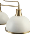 Close-up of Three Light Linear Chandelier in Matte White with Brass Accents, elegant domes highlighting modern design.