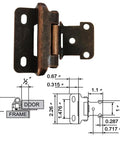 Oil Rubbed Bronze Self Closing Cabinet Hinges Partial Warp One Half Inch Inset Four Pack Embedded Steel Door Hinge Set With Screws For Easy Install Soft Close Action, front view with dimensions shown.