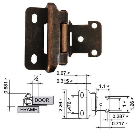 Oil Rubbed Bronze Self Closing Cabinet Hinges Partial Warp One Half Inch Inset Four Pack Embedded Steel Door Hinge Set With Screws For Easy Install Soft Close Action, front view with dimensions shown.