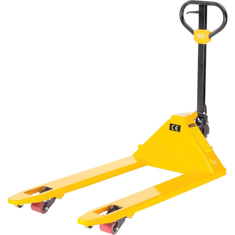 Global Industrial pallet jack with 27in W x 48in L yellow forks, manual warehouse pallet truck, 5500 lb capacity