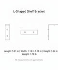 Diagram of sturdy L shaped wall mount bracket for floating shelves and desks, black cold rolled steel, side and top views