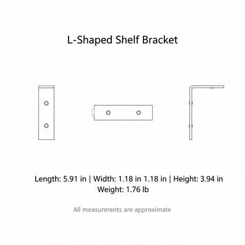 Diagram of sturdy L shaped wall mount bracket for floating shelves and desks, black cold rolled steel, side and top views