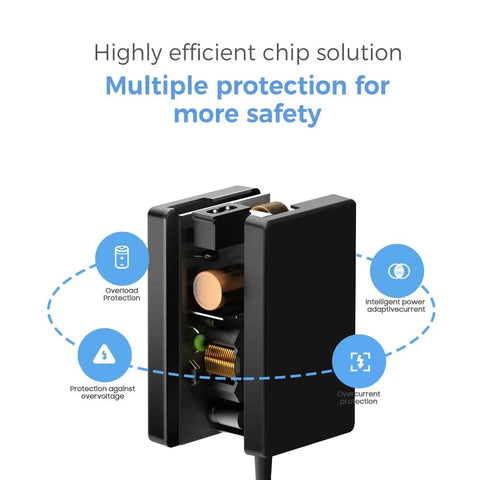 Cutaway view of Universal 12V Locking Power Adapter for Cameras and Telescopes showcasing internal chip with safety features.